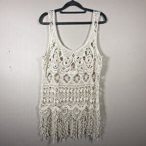 123USA 100% Cotton Crochet Fringe Festival Top Womens Tank SIZE MEDIUM Ivory Wht